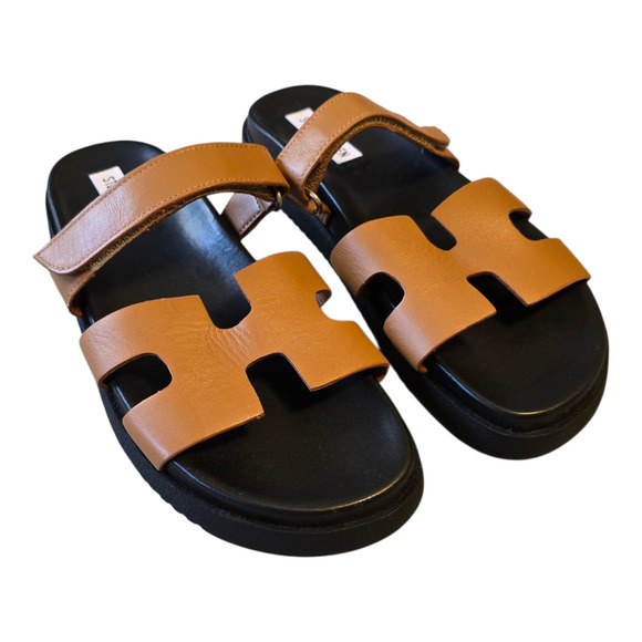 Steve Madden Mayven Leather Sandals Womens Size 8M Cognac Black Slide - Picture 1 of 11